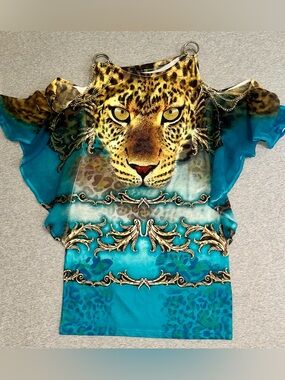 ICU Vintage Y2K Leopard Print Top Rhinestone Turquoise Blue Gold Chain M